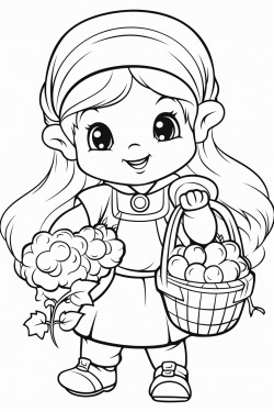 cute dwarf little girl carrying a basket of blueberries