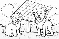 a border collie and a sheep under a solar panel in a field