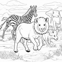 safari animals in action coloring book page clear thick outlines