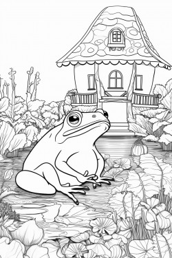 a frog sitting on a mushroom at the edge of a garden pond