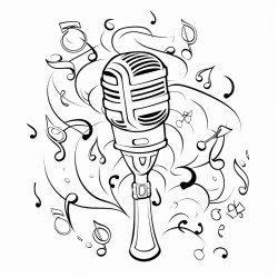 a stylish microphone surrounded by musical notes