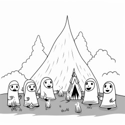 image with black lines on a white background illustrating ghosts telling scary stories around a campfire in a graveyard for coloring in large basic shapes coloring book style no solid fill large white space for easy coloring ideal for kids enhanced line clarity