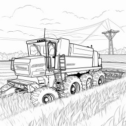 combine in a field with powerlines in the back ground