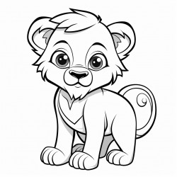 black and bright white whimsical cartoon lion cub full body on white background coloring page
