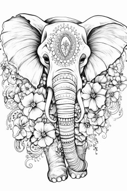 elephant zentangle art with flowers on the side
