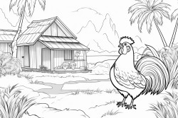 a pretty chicken house in a large field a rooster in the foreground chickens and ducks tropical vegetation in the background