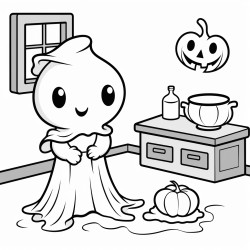 a cute simple ghost carving a pumpkin in kitchen