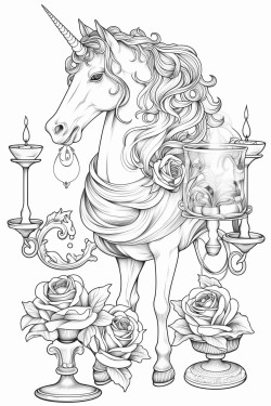 a glass unicorn with a typewriter candlelabra rose
