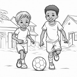 professional sketch drawing of african boy and a girl chlid playing football in a village for a coloring book