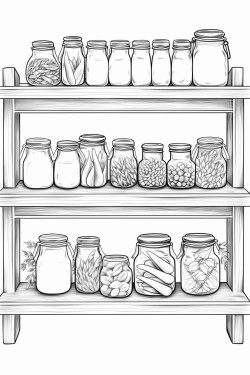 open wooden shelves display mason jars filled with grains dried herbs and spices