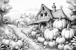filligree fairy tale hause surrounded by pumpkins in the field