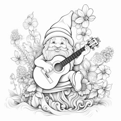 a whimsical garden gnome playing a ukulele under a rainbow