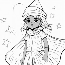 line drawing of 10 or 12 year old srilankan girl wearing witch costume