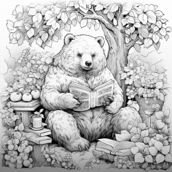 a bear reading books under an oak tree