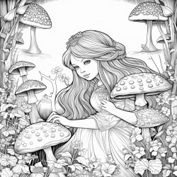 fairy in a garden with mushrooms and frogs