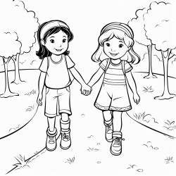 two girls holding hands walking on a path
