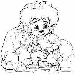 a boy wrestling a lion with a sheep in the background