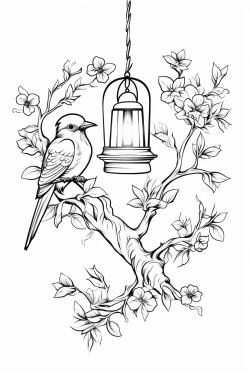 tree branch overhead lanterns hanging from branch tree branches surrounding lower part of page with birds sitting on them