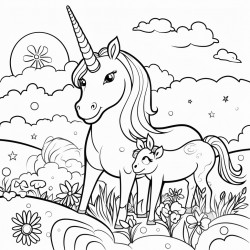 mom unicorn and her baby are sitting in the meadow and looking at the rainbow