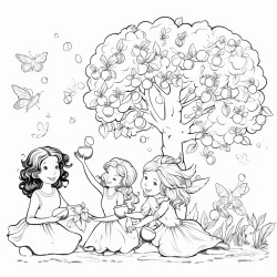 a diverse group of happy fairies pick magical fruits in an orchard on a sunny day with pleasant breeze