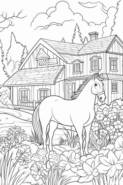 horses graze in lavender fields whimsical landscape with a quaint stone house surrounded by flowers and a cypress tree