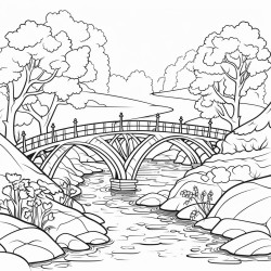 a lake with a bridge and elves