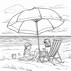 kids at the beach with their supplies by their chair under a umbrella