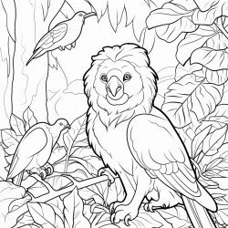lion in a rainforest with a parrot and a lizard