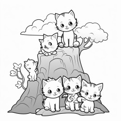 a bunch of cas on a rock in a holllow with four oaks around the hollow and 4 cats on the rock