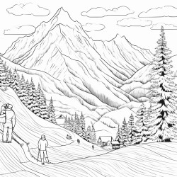 mountains wth snow sunset and people skiing