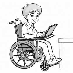 a little boy in a wheelchair working an it job