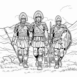5 roman centurions turned to the side from behind in a field wearing armor