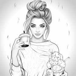beautifull girl with hairbun and a cozy shirt holding a cup of coffee in her hands