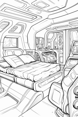 space ship cabin c bed with screens with desk space futuristic detail