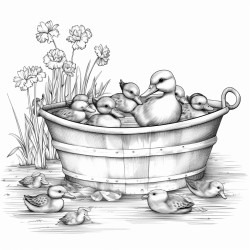swimming baby ducks in a zinc tub filled with water in a romantic farmers garden