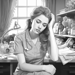 nurse hands over her face behind a desk tired