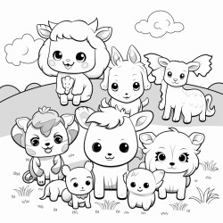 cute kawaii granjero en el campo con sus animales adorables