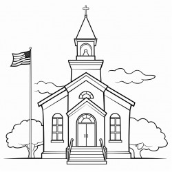 a two story country school house a flag pole to the left and bell tower stairs to 2nd floor