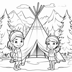 girls inside teepee in forest few pine trees  with mountains in background clouds in sky show faces of girls