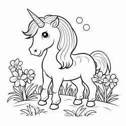 christmas theme a cute unicorn standing with some grass plants and some flowers on ground