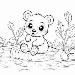 a baby panda sitting playfully on a small log in a serene pond
