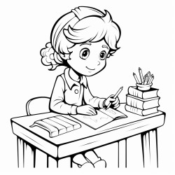 a girl sitting in a desk with a pencil in her hand