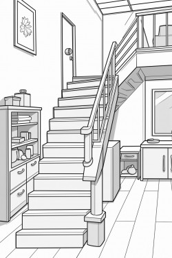 basement with stairs and office