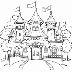beautiful castle and in front of the castle a number of fair stalls