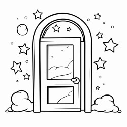 una puerta abierta hacia un horizonte luminoso con detalles de estrellas alrededor pgina para colorear