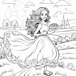 a girl with long hair running in the countryside with a slice of pizza in one hand and a dumbbell in the other she is wearing a brides veil and in the distance you can see a group of girls behind her smiling and waving