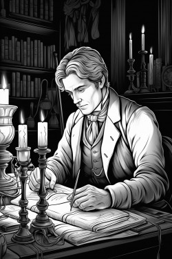 exaggeratedly tired lawyer working at a desk late at night to candlelight