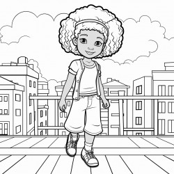a african american little girl with a long jean skirt standing on a building