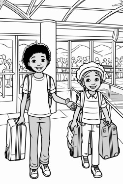 mixed race kids inside airport terminal