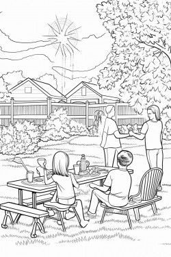 fourth of july scene with fireworks and a family enjoying a bbq grill lunch with dark outlines no color